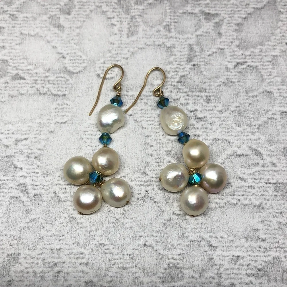 Artisan 14k GF genuine cultured pearl and crystals statement earrings dangle